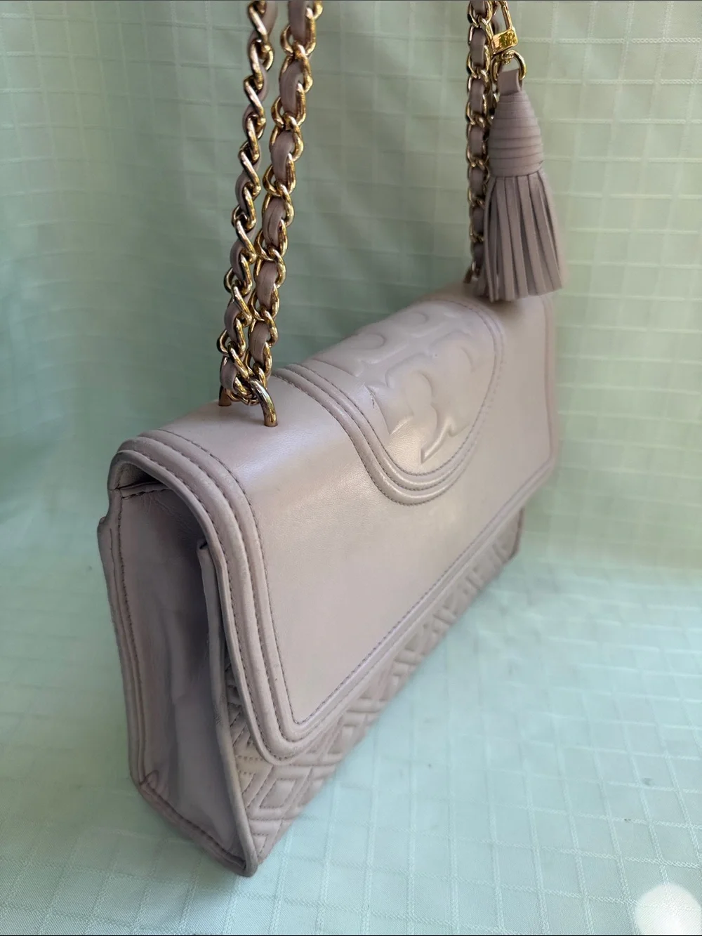 Tory Burch Taupe Leather Fleming Convertible Bag with Tassel and Gold Hardware